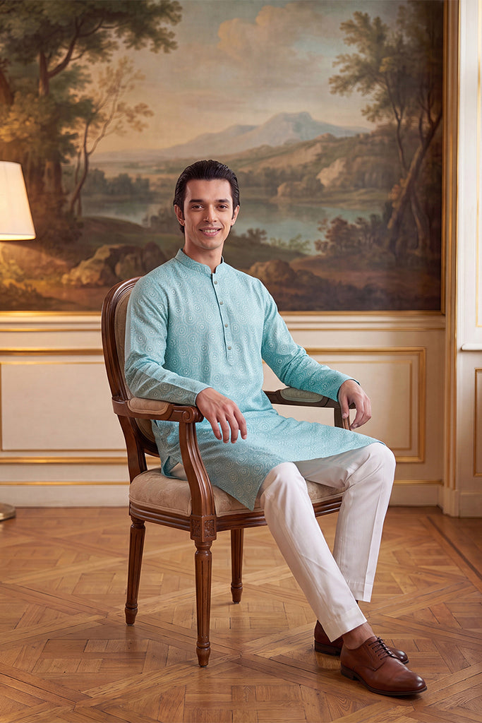 Blue Linen Bandhani Printed Regular Kurta MKU2436