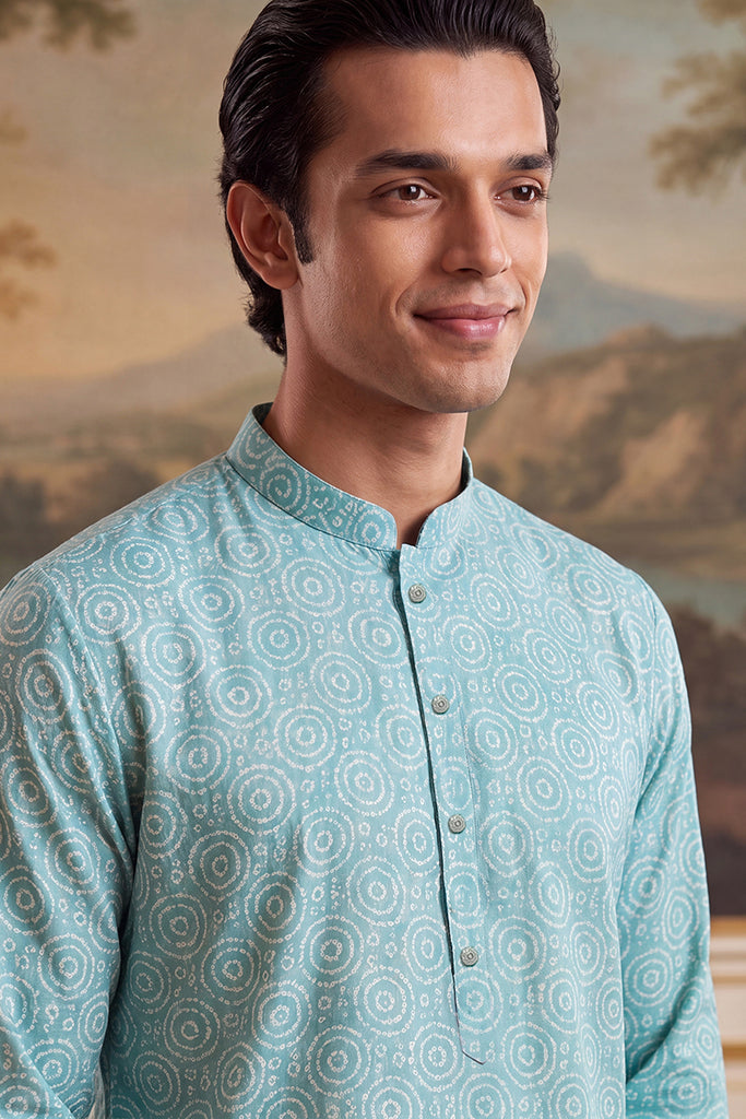 Blue Linen Bandhani Printed Regular Kurta With Trouser MKSET2436