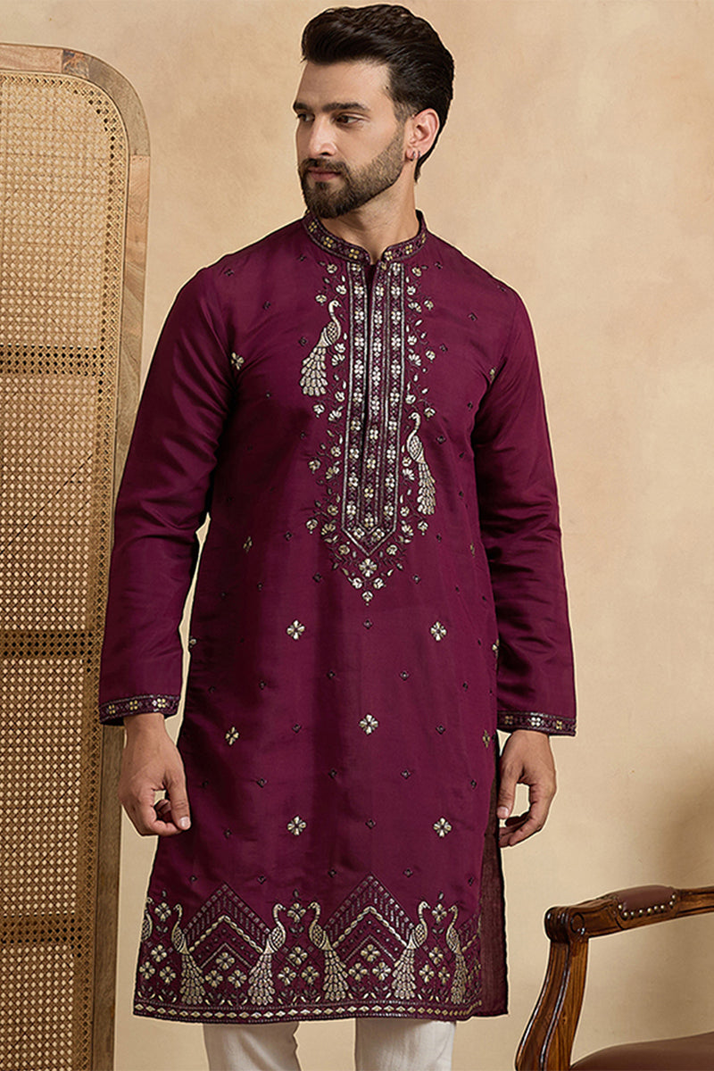 Purple Silk Blend Solid Embroidered Zari Kurta With Trouser MKSET2442
