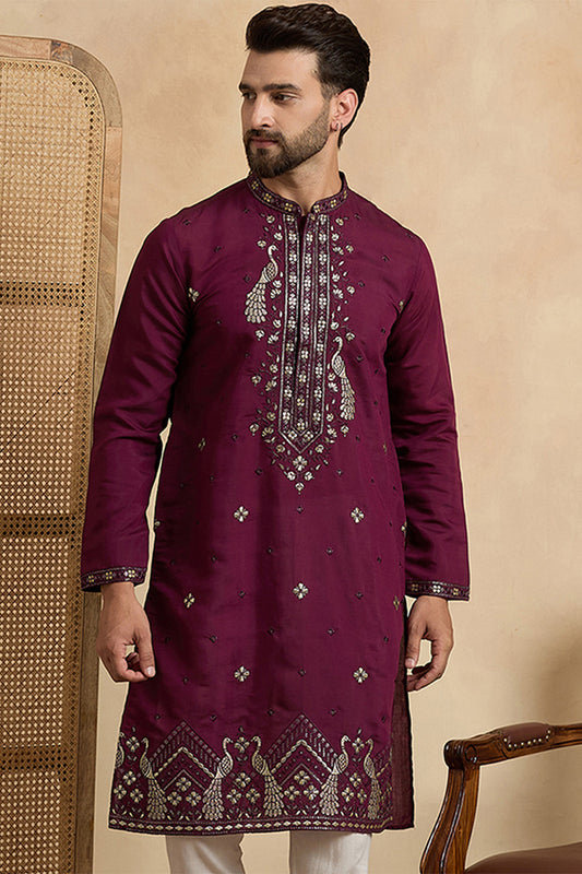 Purple Silk Blend Solid Embroidered Zari Kurta With Trouser MKSET2442