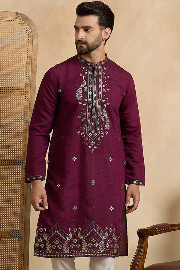 Purple Silk Blend Solid Embroidered Zari Kurta With Trouser MKSET2442