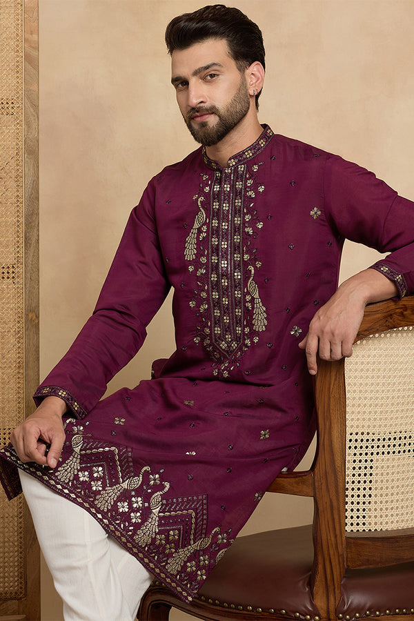 Purple Silk Blend Solid Embroidered Zari Kurta With Trouser MKSET2442