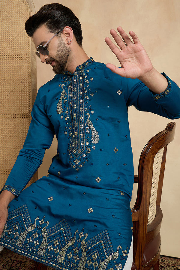 Teal Silk Blend Solid Embroidered Thread Work Kurta With Trouser MKSET2443