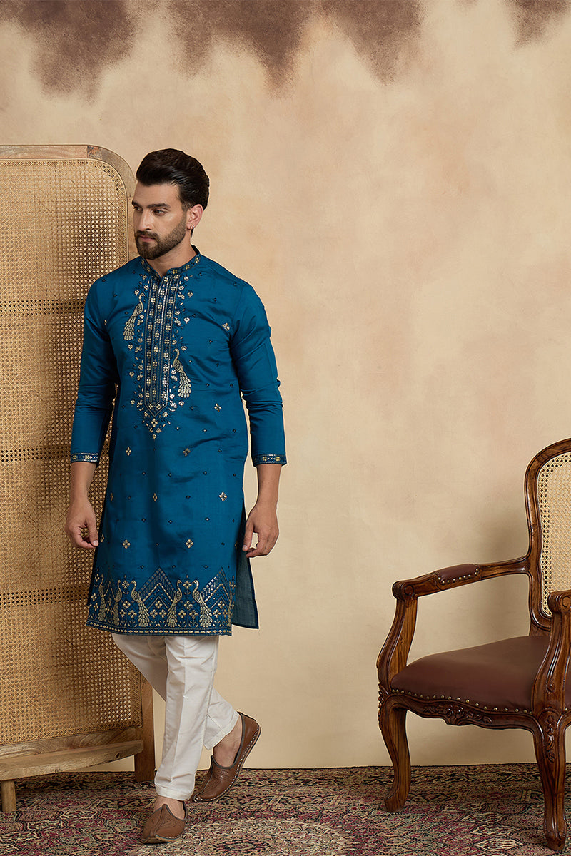 Teal Silk Blend Solid Embroidered Thread Work Kurta MKU2443