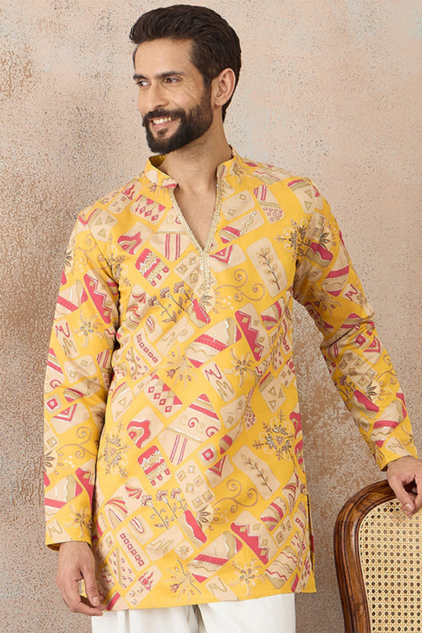 Yellow Silk Blend Ethnic Motifs Embroidered Kurta With Trouser MKSET2455