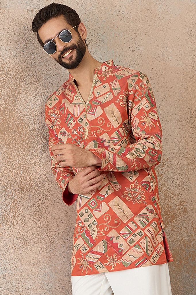 Coral Silk Blend Abstract Embroidered Kurta MKU2458
