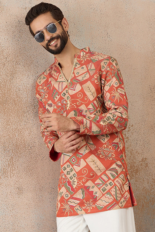 Coral Silk Blend Abstract Embroidered Kurta With Trouser MKSET2458