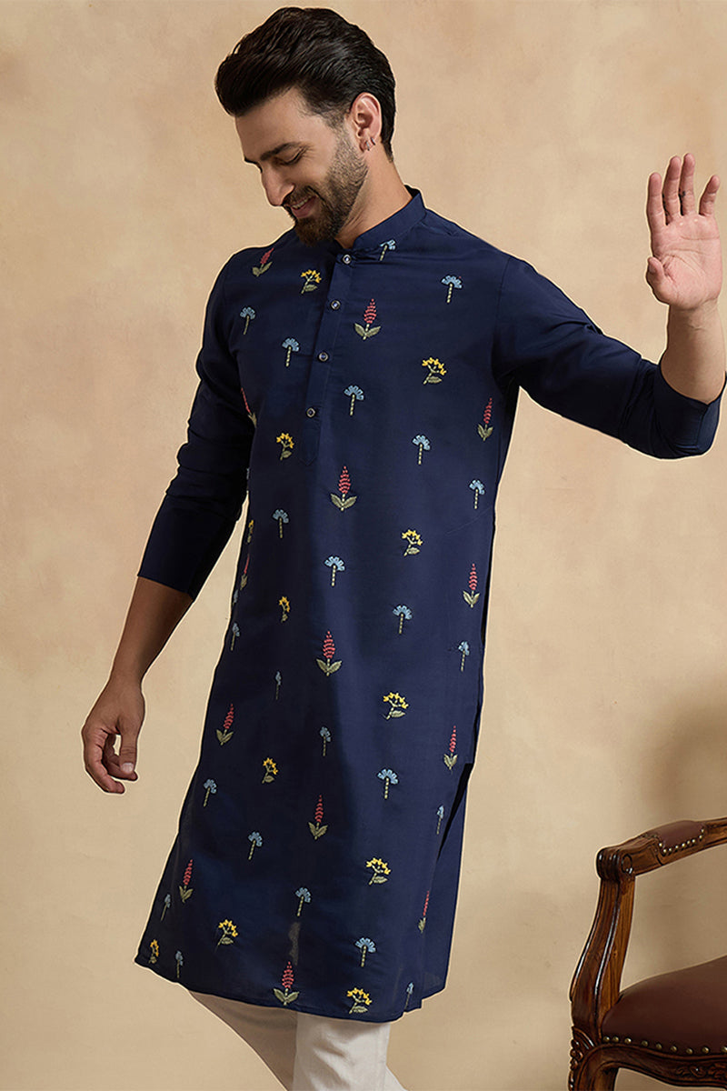 Navy Blue Silk Blend Solid Embroidered Thread Work Kurta With Trouser MKSET2468
