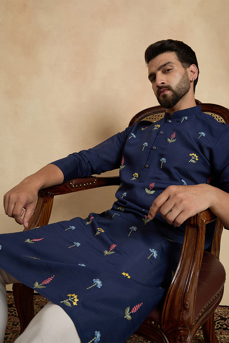 Navy Blue Silk Blend Solid Embroidered Thread Work Kurta With Trouser MKSET2468