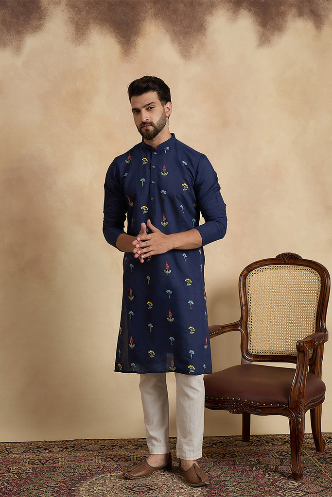 Navy Blue Silk Blend Solid Embroidered Thread Work Kurta MKU2468