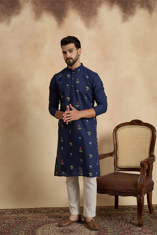 Navy Blue Silk Blend Solid Embroidered Thread Work Kurta MKU2468