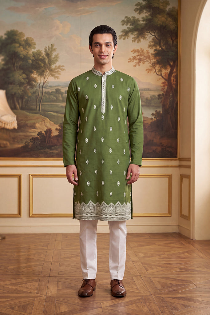 Green Silk Blend Solid Embroidered Kurta MKU2486