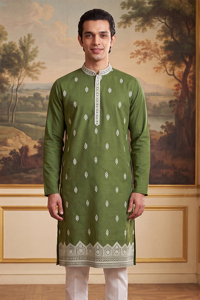 Green Silk Blend Solid Embroidered Kurta MKU2486