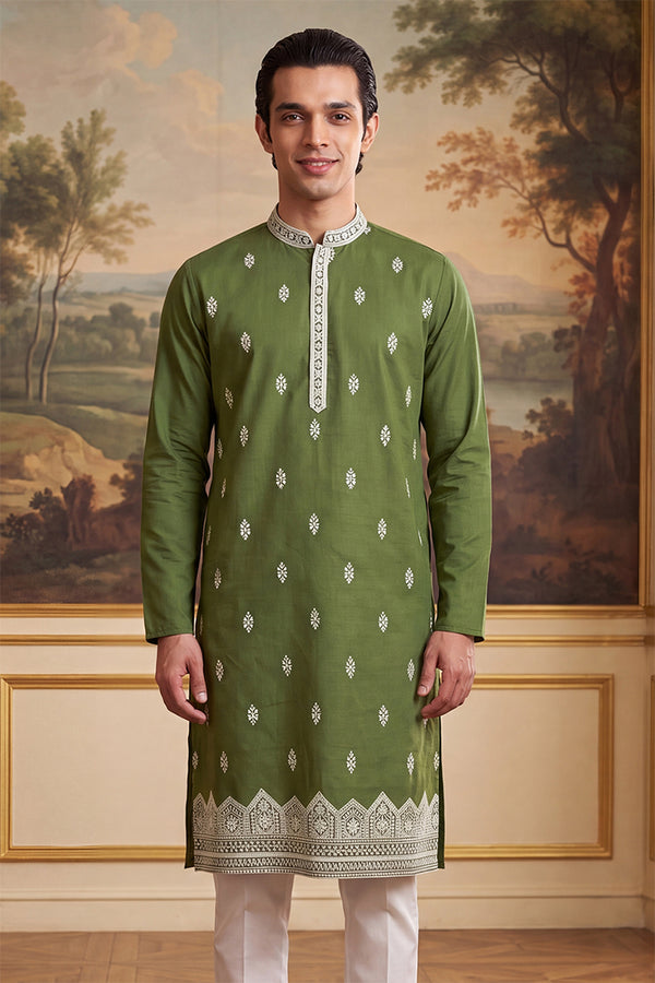 Green Silk Blend Solid Embroidered Kurta MKU2486