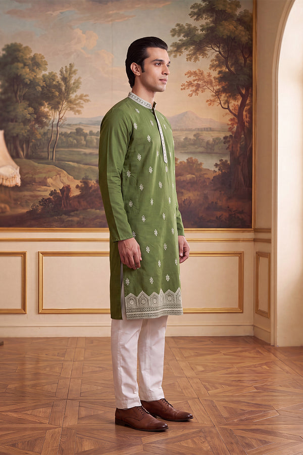 Green Silk Blend Solid Embroidered Kurta MKU2486