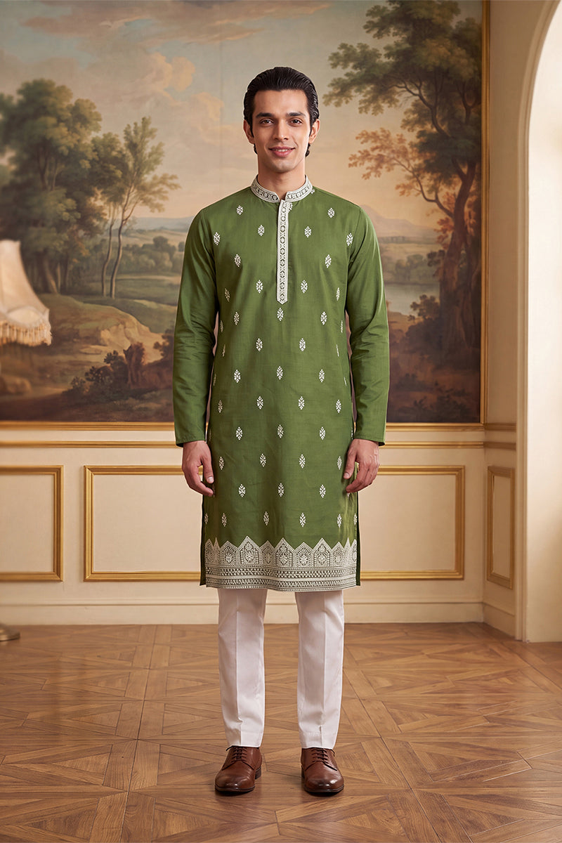 Green Silk Blend Solid Embroidered Kurta MKU2486