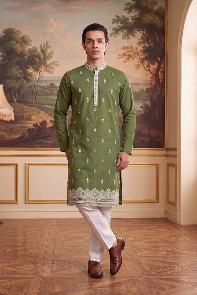 Green Silk Blend Solid Embroidered Kurta MKU2486