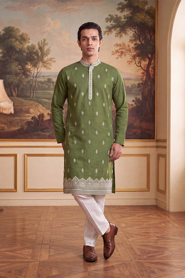 Green Silk Blend Solid Embroidered Kurta MKU2486