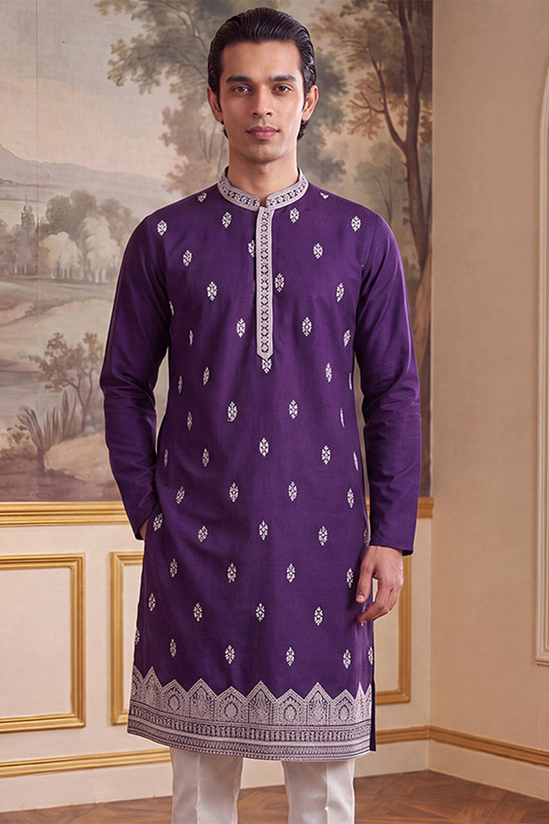 Violet Silk Blend Solid Embroidered Kurta MKU2487