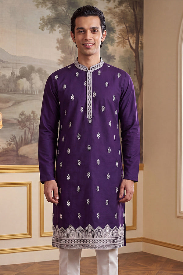 Violet Silk Blend Solid Embroidered Kurta With Trouser MKSET2487