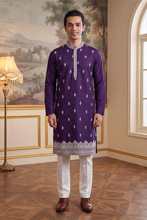 Violet Silk Blend Solid Embroidered Kurta With Trouser MKSET2487