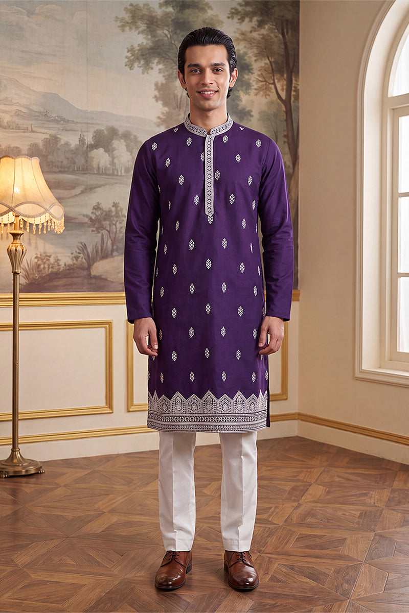 Violet Silk Blend Solid Embroidered Kurta MKU2487