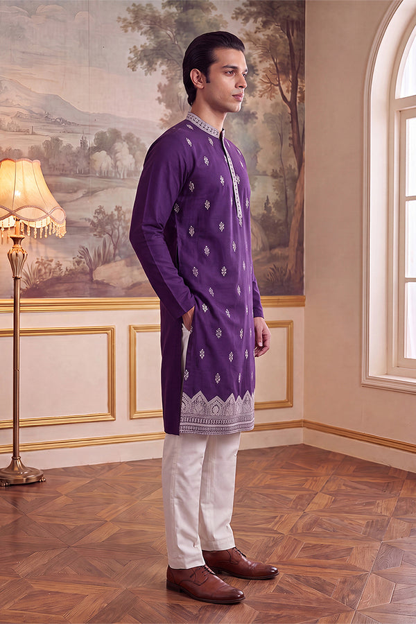 Violet Silk Blend Solid Embroidered Kurta With Trouser MKSET2487