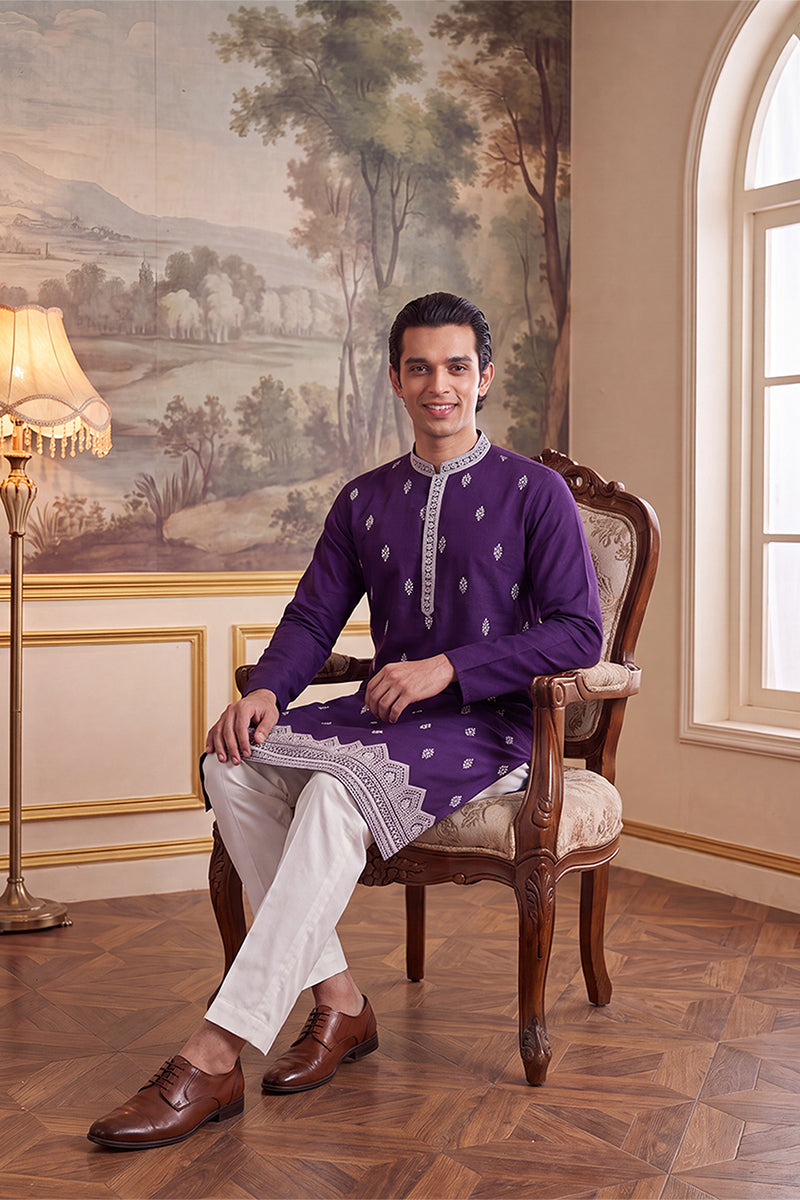 Violet Silk Blend Solid Embroidered Kurta With Trouser MKSET2487