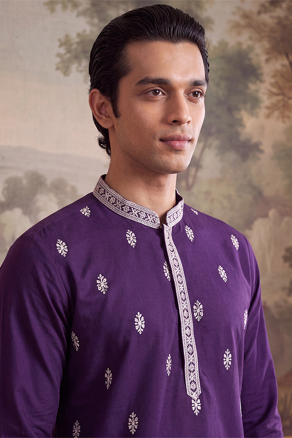 Violet Silk Blend Solid Embroidered Kurta With Trouser MKSET2487