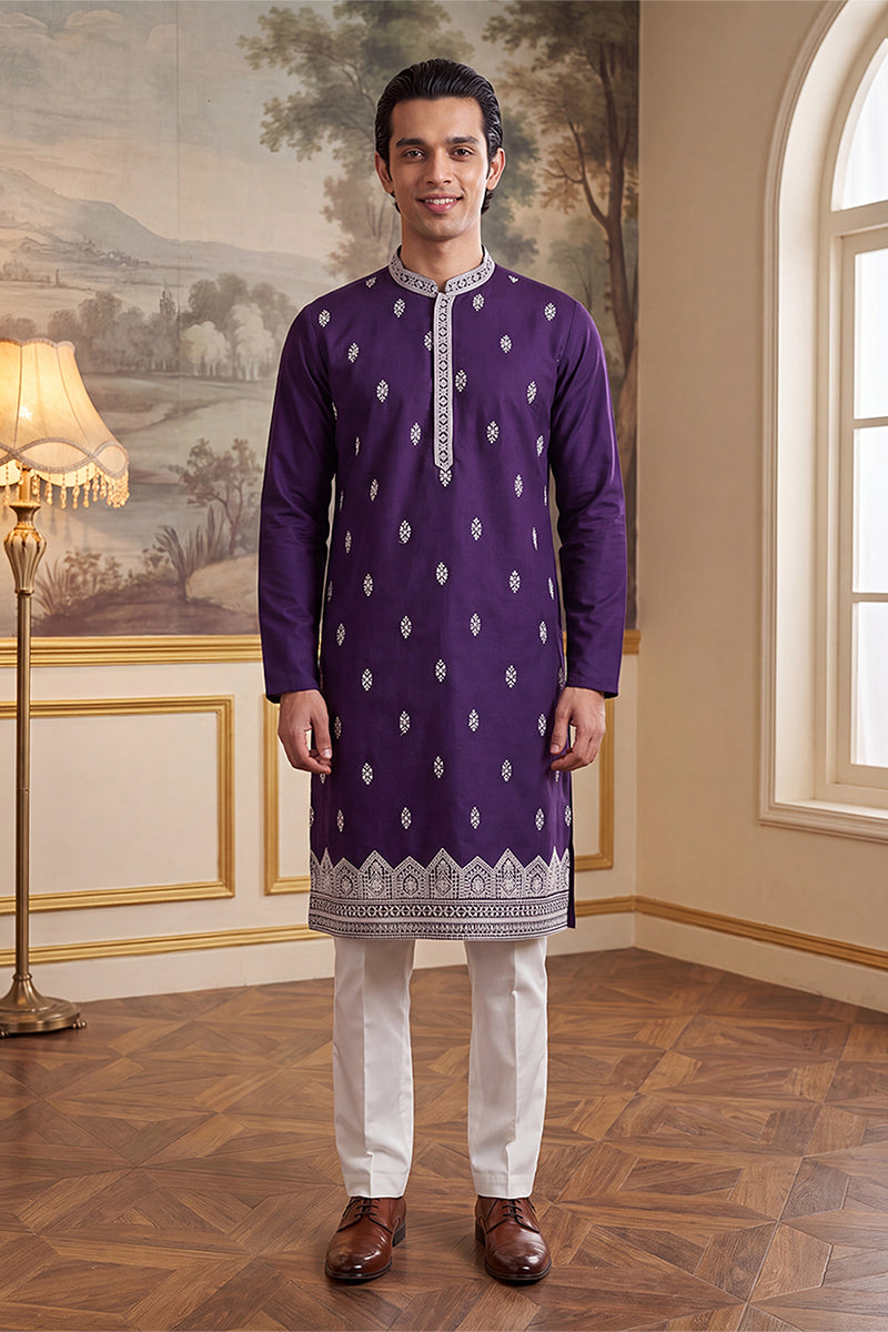 Violet Silk Blend Solid Embroidered Kurta With Trouser MKSET2487