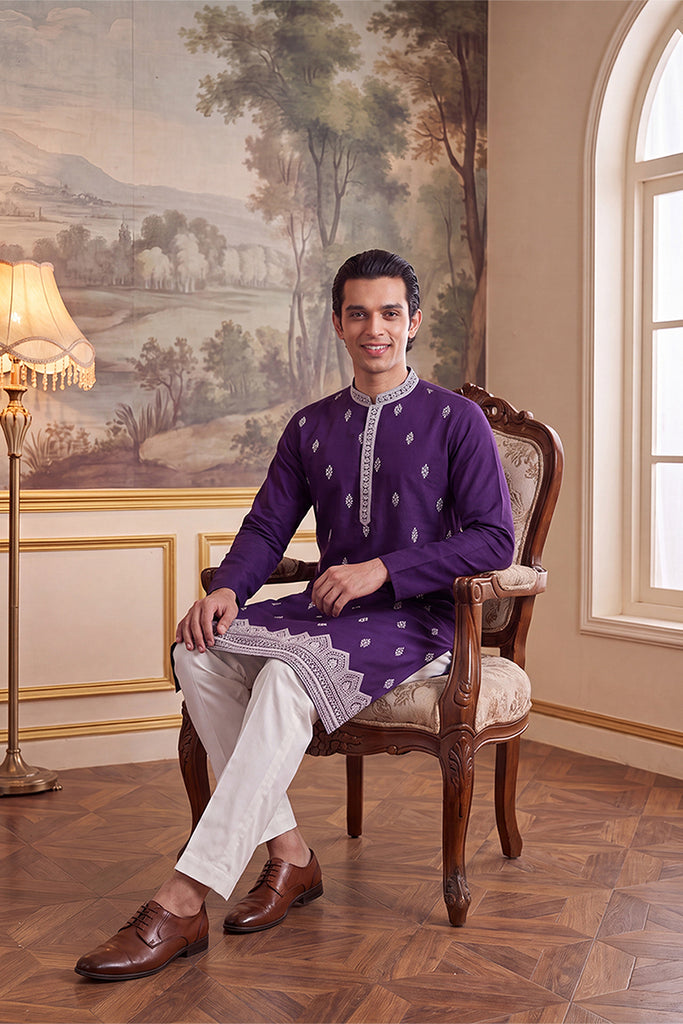 Violet Silk Blend Solid Embroidered Kurta MKU2487