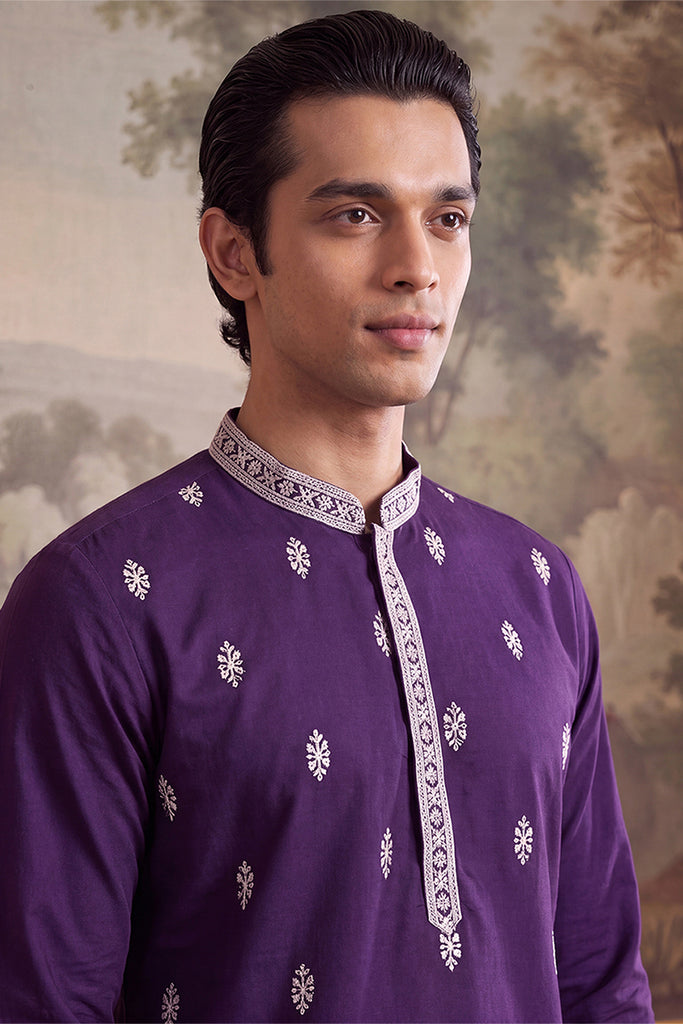 Violet Silk Blend Solid Embroidered Kurta MKU2487