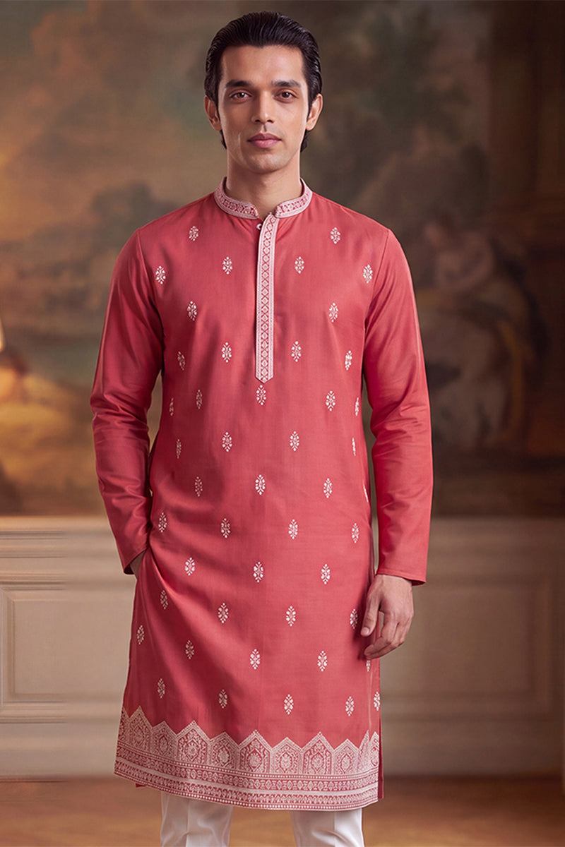 Peach Silk Blend Solid Embroidered Kurta With Trouser MKSET2488