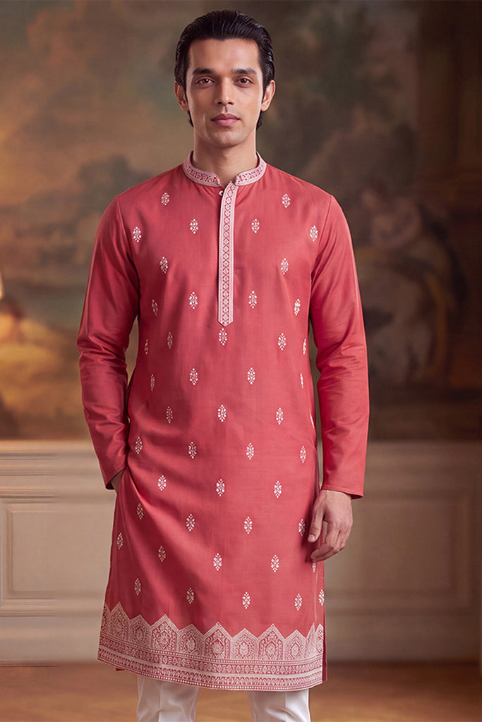 Peach Silk Blend Solid Embroidered Kurta With Trouser MKSET2488