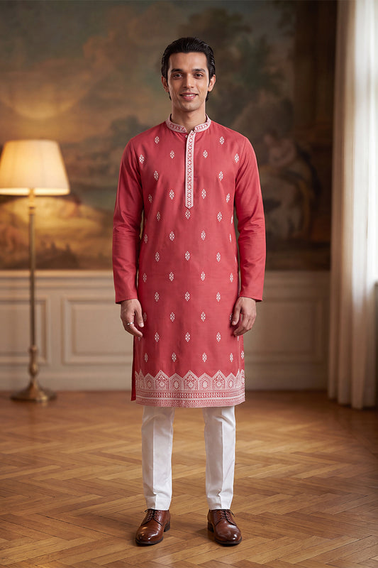 Peach Silk Blend Solid Embroidered Kurta With Trouser MKSET2488