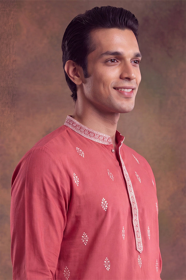 Peach Silk Blend Solid Embroidered Kurta MKU2488