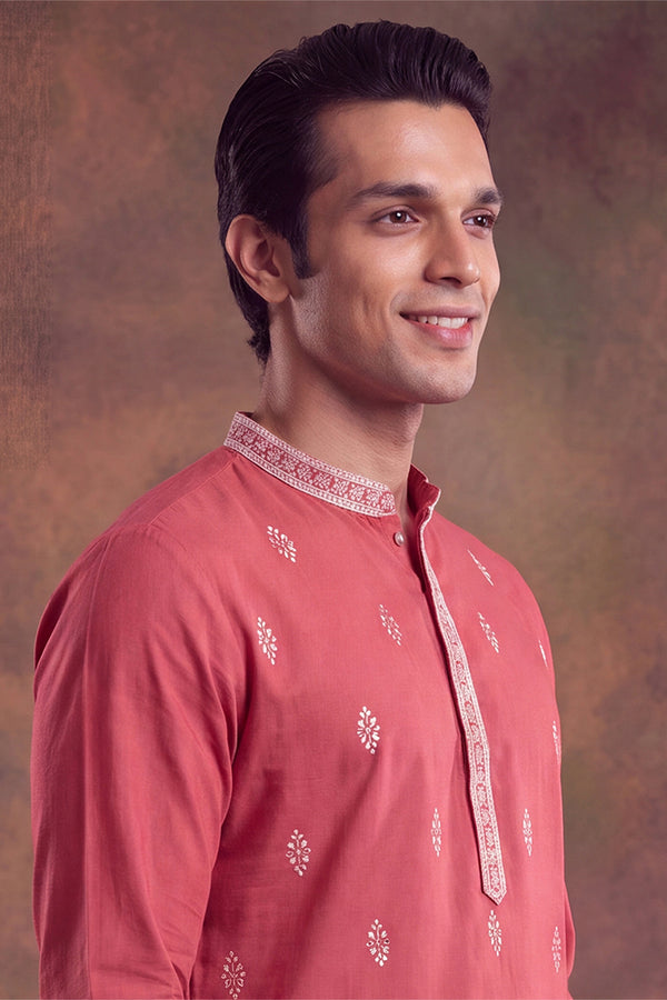 Peach Silk Blend Solid Embroidered Kurta With Trouser MKSET2488