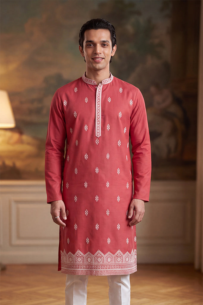 Peach Silk Blend Solid Embroidered Kurta MKU2488