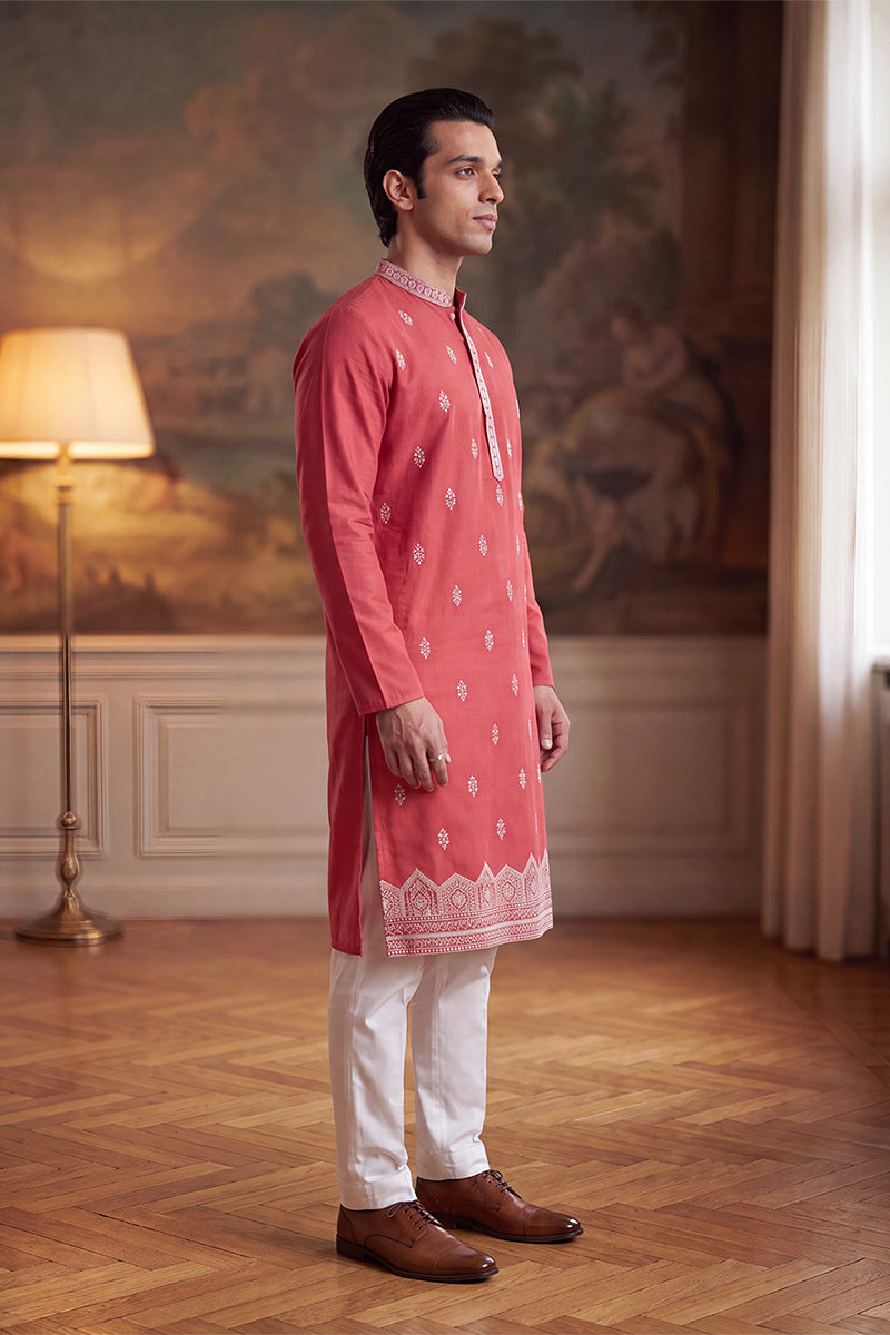 Peach Silk Blend Solid Embroidered Kurta MKU2488