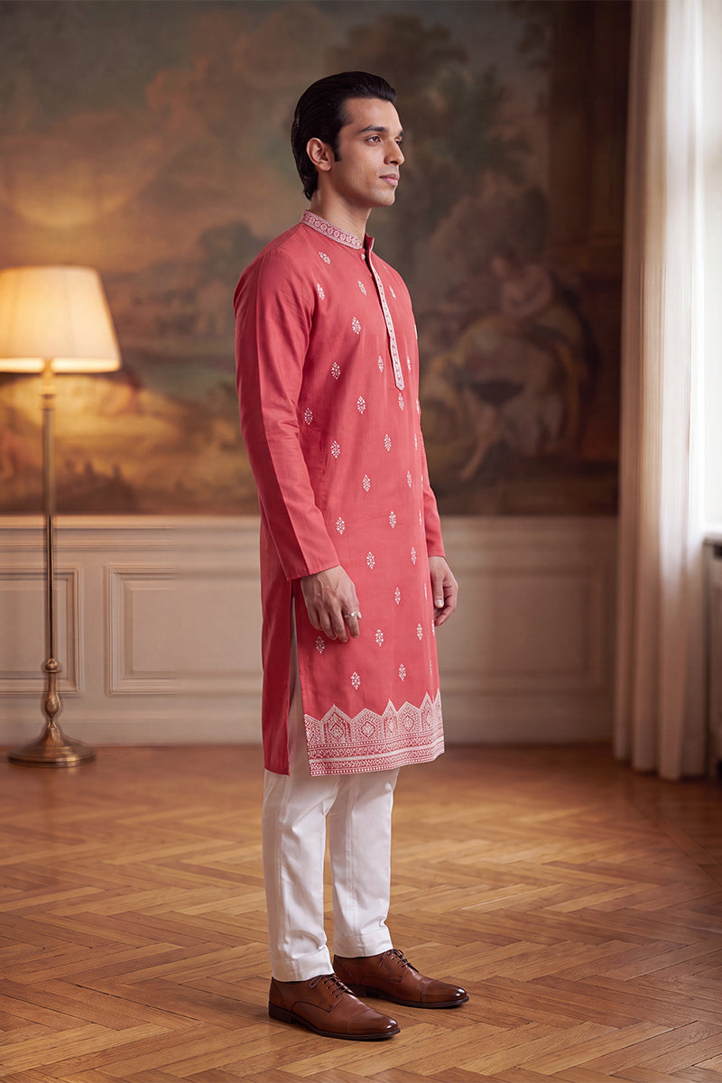 Peach Silk Blend Solid Embroidered Kurta With Trouser MKSET2488