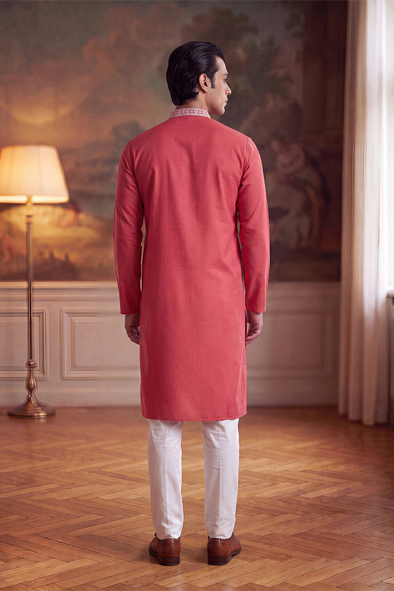 Peach Silk Blend Solid Embroidered Kurta MKU2488