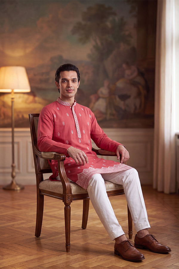 Peach Silk Blend Solid Embroidered Kurta With Trouser MKSET2488