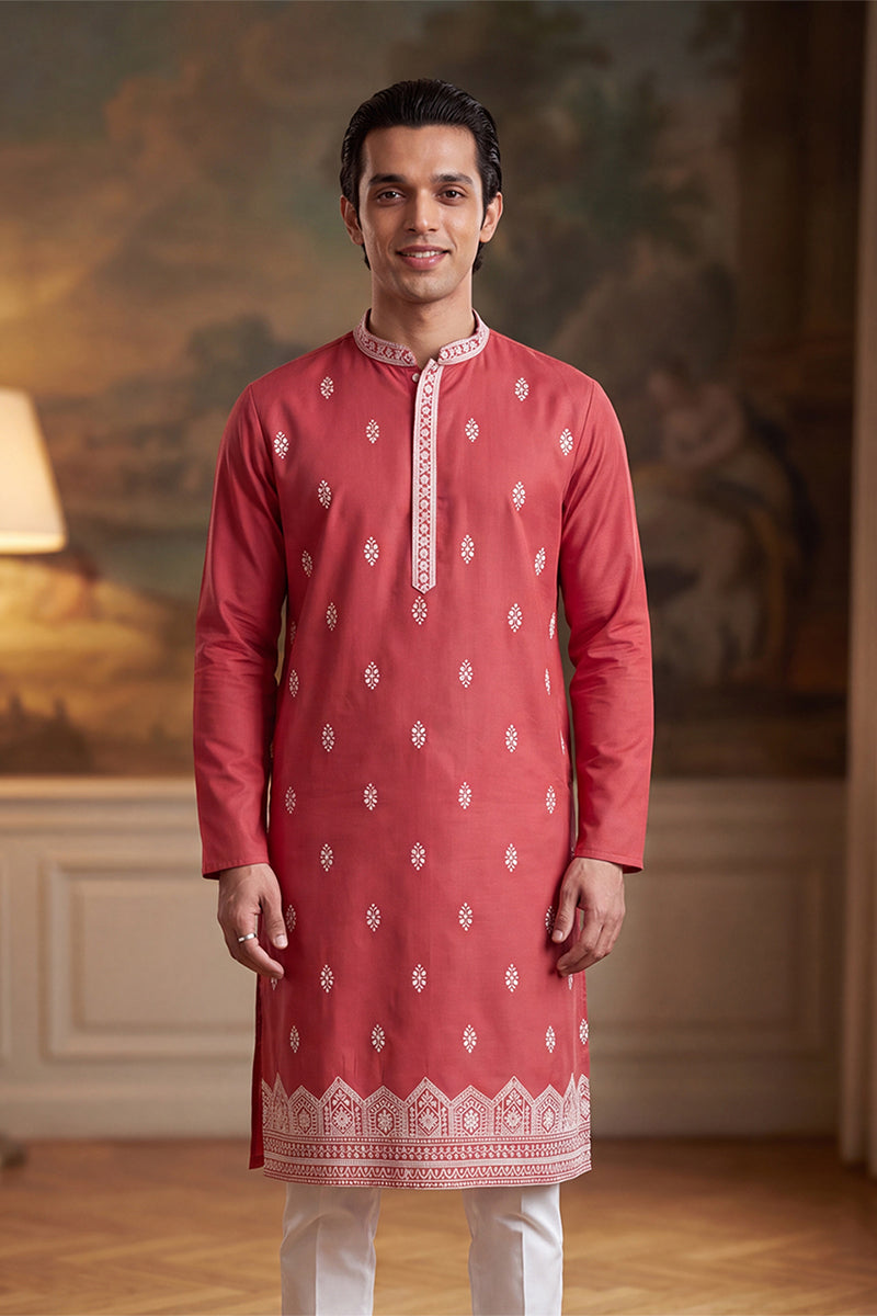 Peach Silk Blend Solid Embroidered Kurta With Trouser MKSET2488