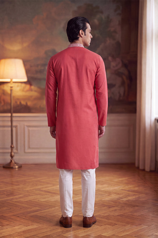 Peach Silk Blend Solid Embroidered Kurta MKU2488