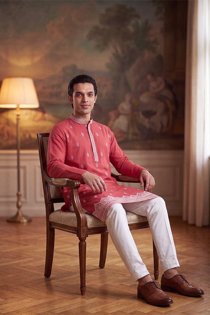 Peach Silk Blend Solid Embroidered Kurta MKU2488