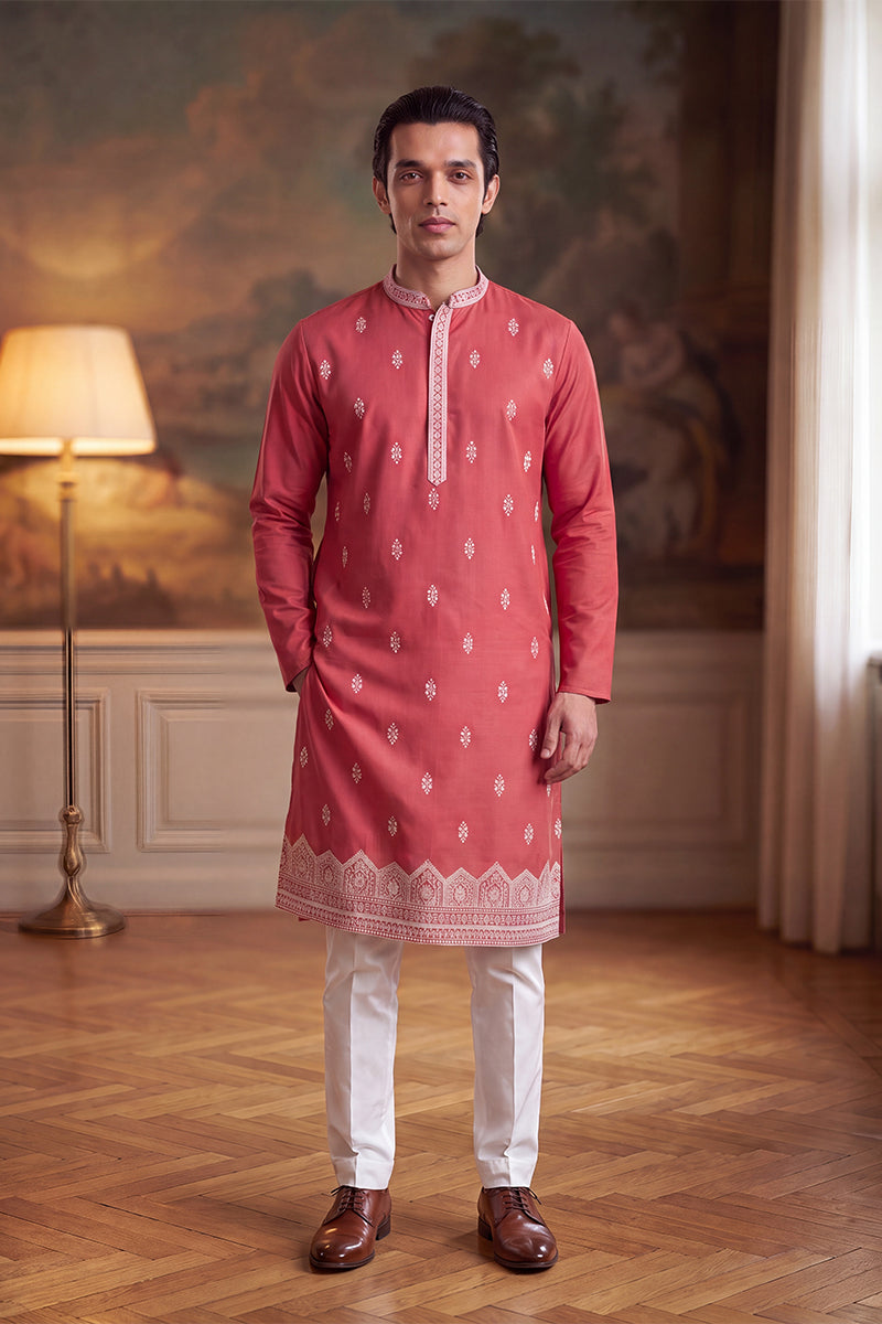 Peach Silk Blend Solid Embroidered Kurta With Trouser MKSET2488