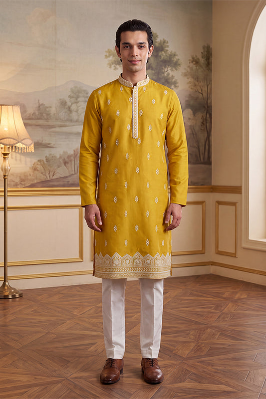 Yellow Silk Blend Solid Embroidered Kurta MKU2489