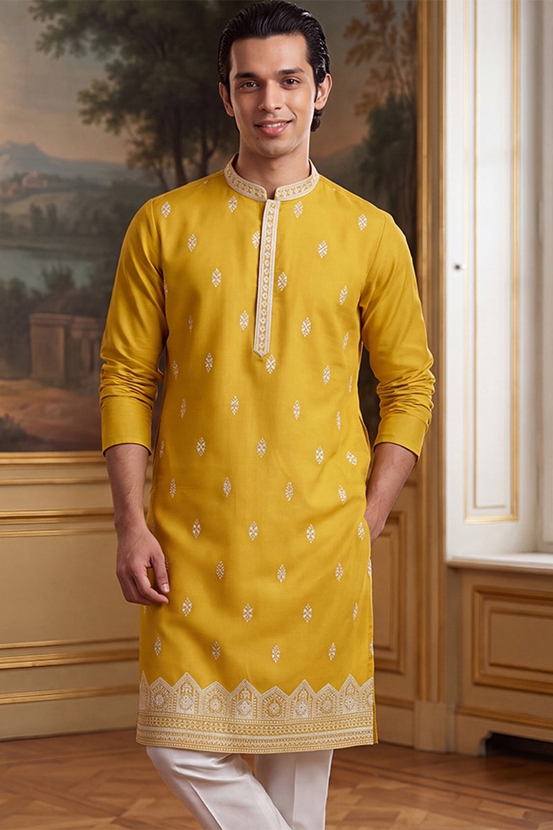 Yellow Silk Blend Solid Embroidered Kurta MKU2489