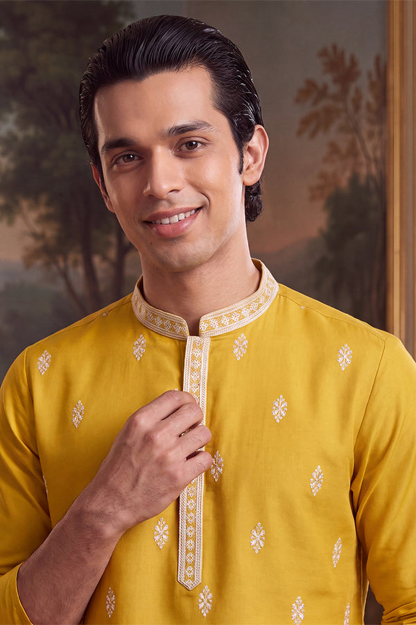 Yellow Silk Blend Solid Embroidered Kurta MKU2489