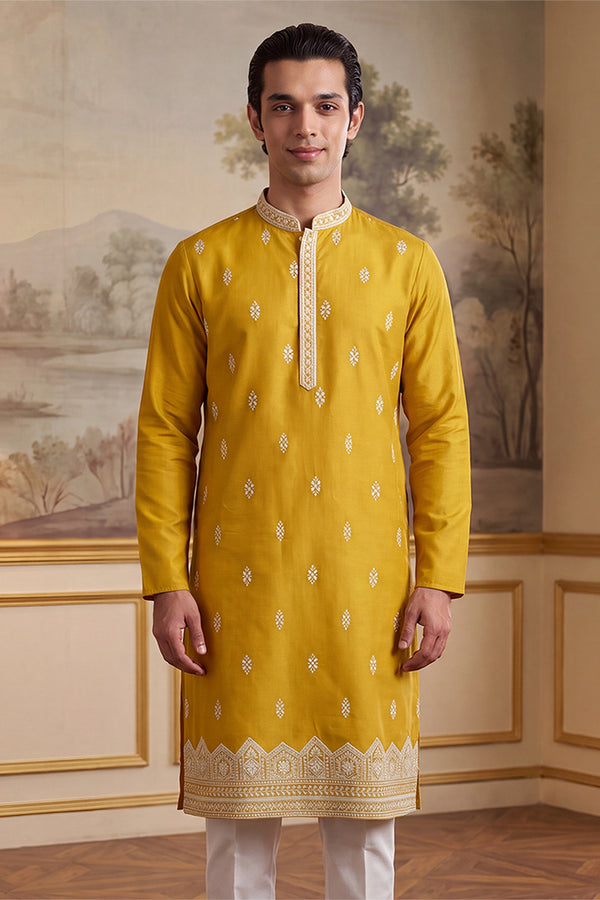 Yellow Silk Blend Solid Embroidered Kurta MKU2489
